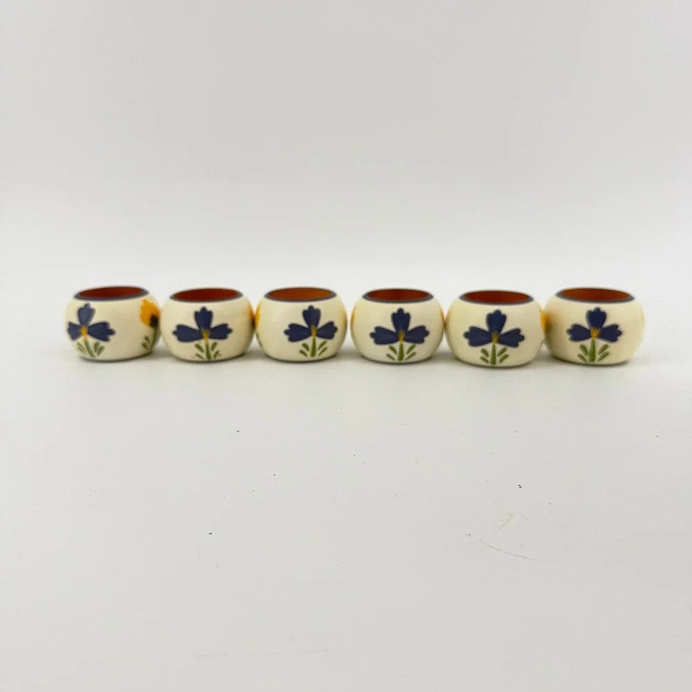 Vintage Floral Napkin Rings Set of 6 Cream Blue Yellow Hand Painted Ceramic